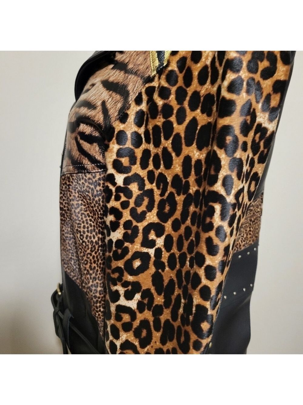 Michael Kors Leather Belt Jacket Chettah Animal Print Fur Studded Biker Jacket - Picture 7 of 16